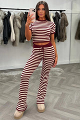 womens burgundy stripe knitted loungewear set styledup uk