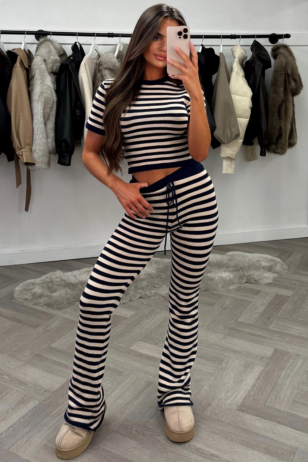 womens knitted lounge set with contrast stripes autumn winter loungewear 