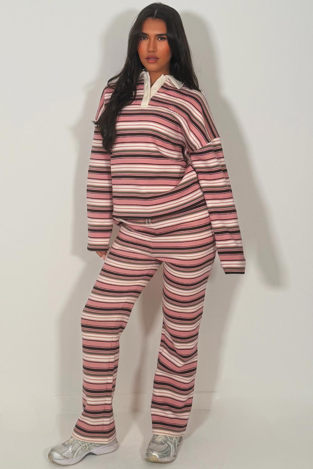 womens striped collared jumper sweatshirt and wide leg joggers two piece co ord tracksuit set styledup 