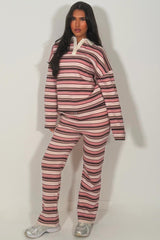 womens striped collared jumper sweatshirt and wide leg joggers two piece co ord tracksuit set styledup 