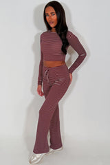 striped lounge set burgundy co ord crop top with long sleeves and wide leg trouser set for womens styledup