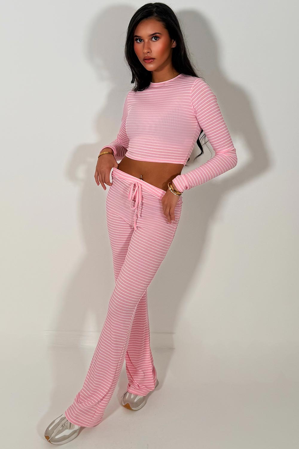 womens pink contrast striped long sleeve top and wide leg trouser lounge set co ord styledup 
