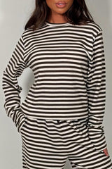 womens brown striped long sleeve top and wide leg trousers two piece loungewear set casual everyday airport outfit uk