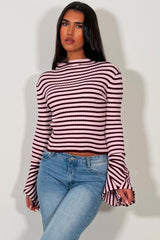 womens long sleeve ribbed striped top with flare cuff zara uk 