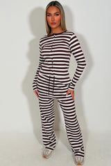 striped wide leg trouser and long sleeve button up top co ord lounge set for womens styledup