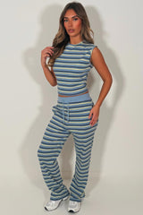 womens sleeveless striped ribbed top and trousers loungewear set perfect airport outfit for womens 