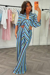 womens summer holiday wide leg trousers and tie front crop top co ord chevron print styledup white fox uk