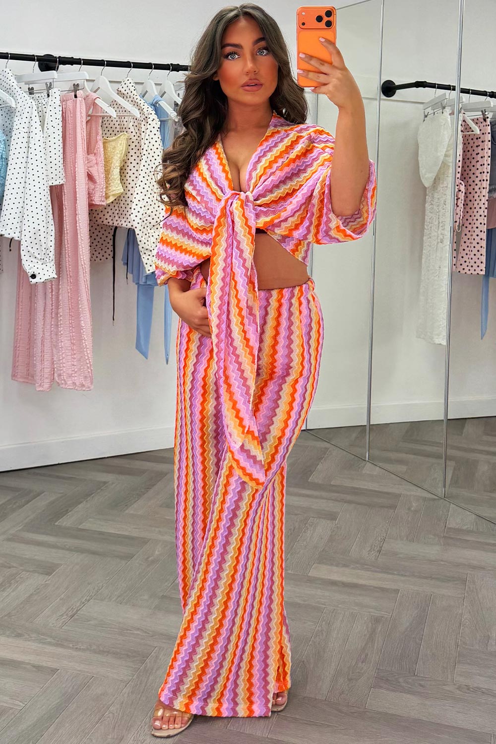 chevron print wide leg trousers and tie front crop top two piece co ord set summer holiday outfit styledup white fox uk