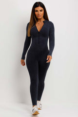 structured contour long sleeve zip front rib jumpsuit unitard washed grey