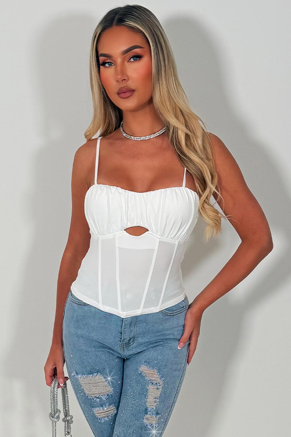 cut out corset crop top with straps white 