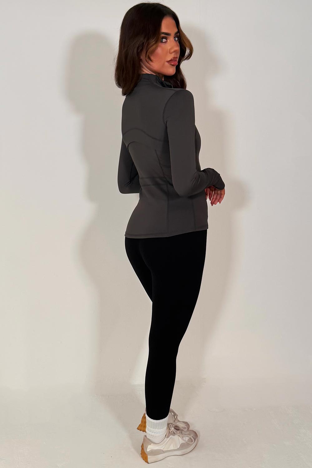womens lululemon sports long sleeve charcoal grey jacket with thumb holes styledup