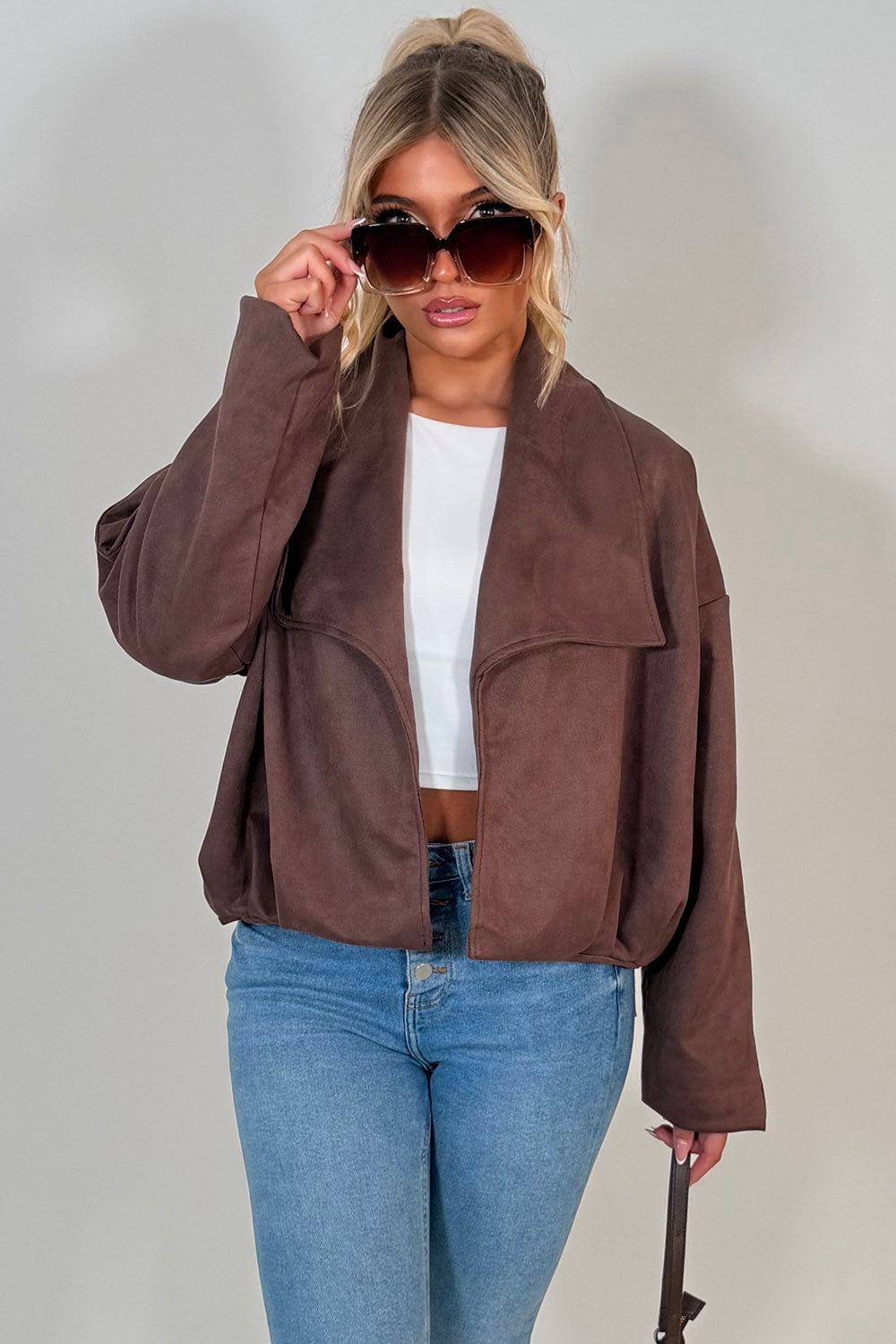brown faux suede open front jacket for new season styledup uk