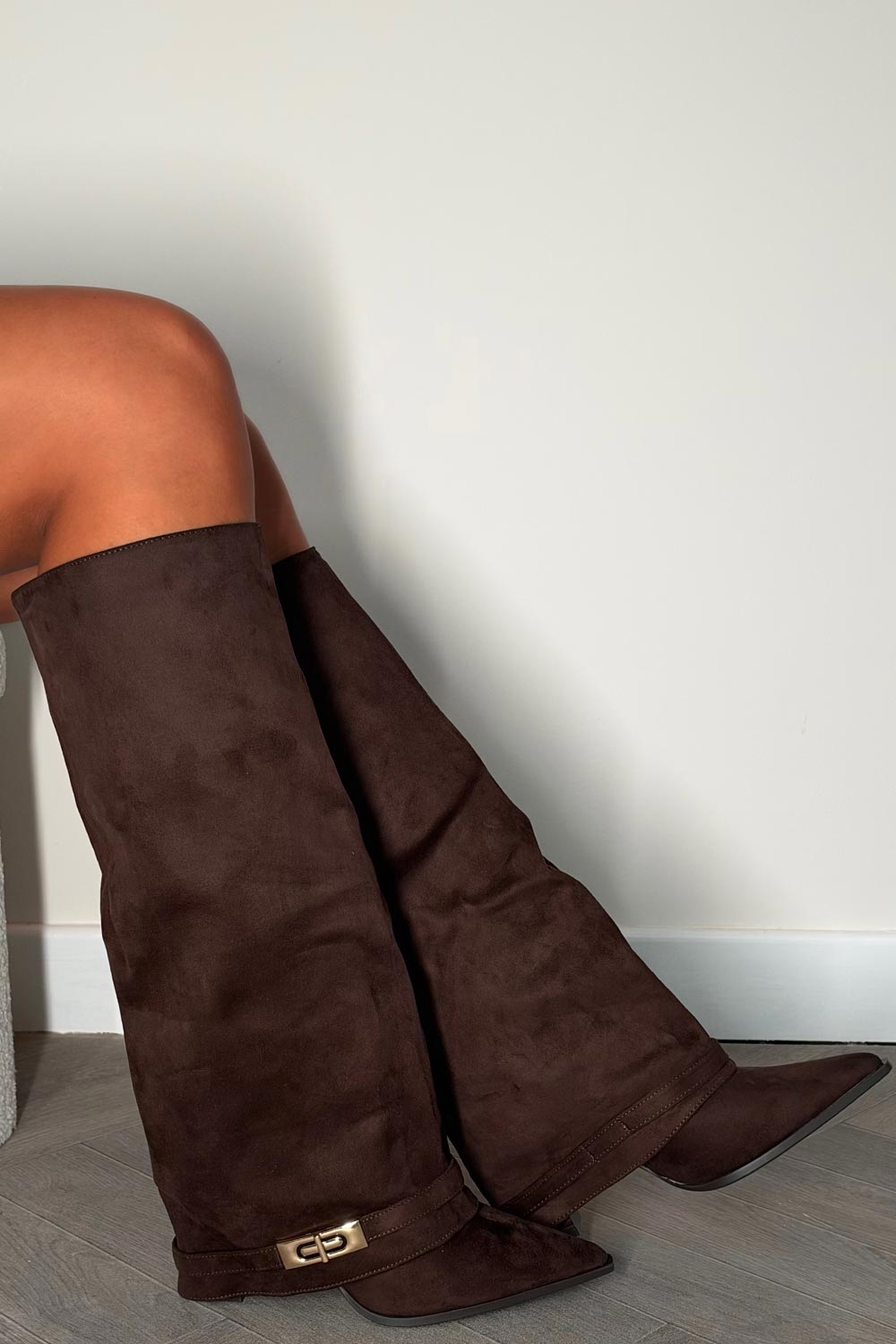 knee high gold buckle fold over shark boots brown faux suede styledup uk