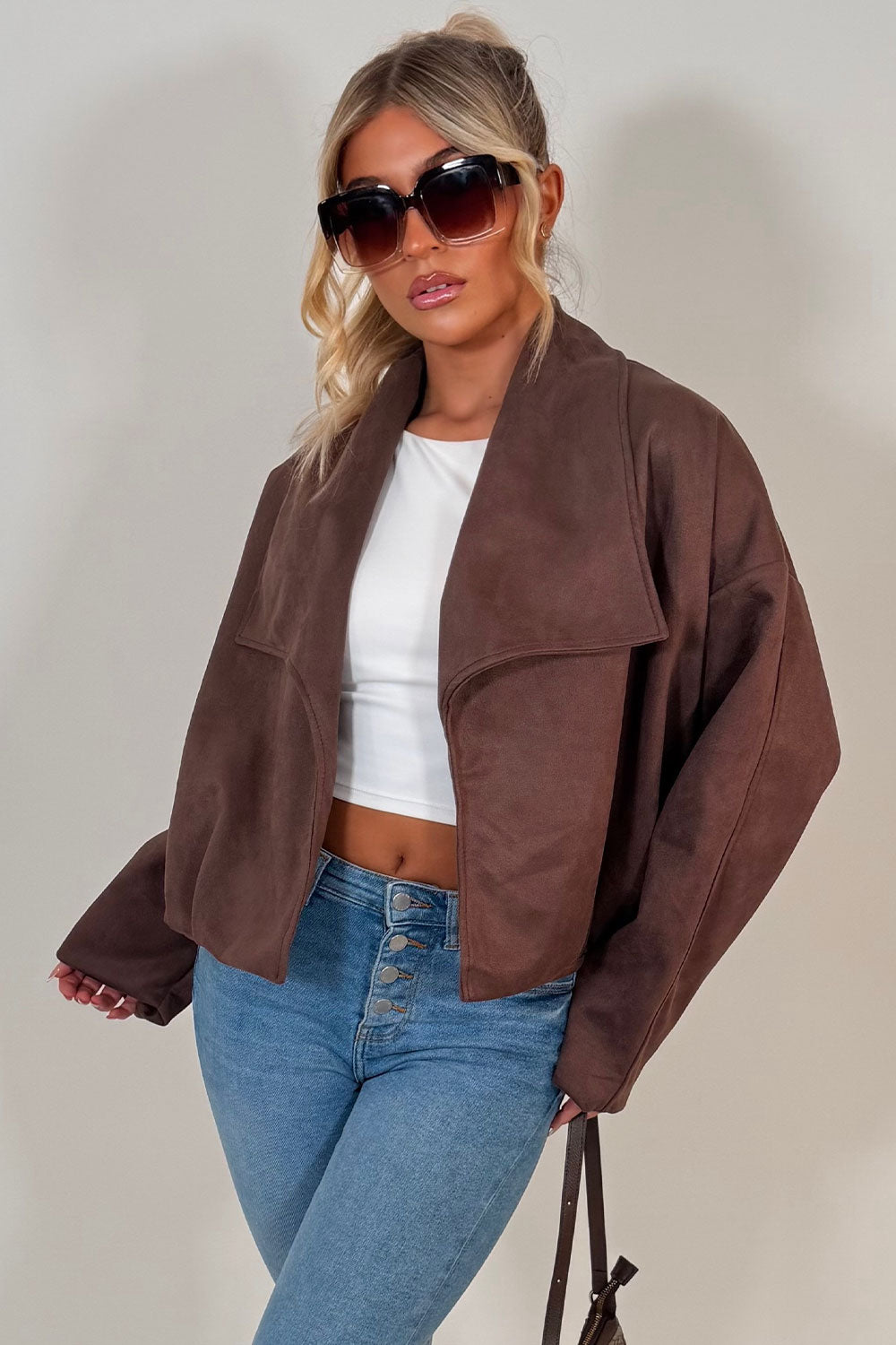 womens new season brown faux sude jacket styledup uk