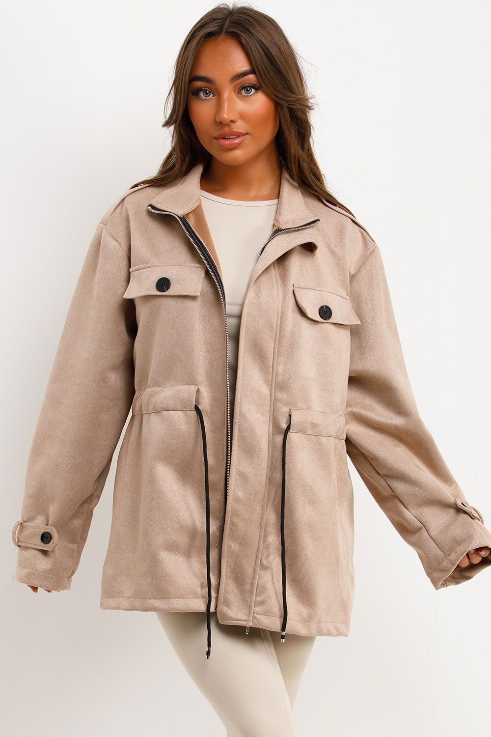 faux suede jacket with drawstring waist front pockets and high collar styledup 
