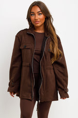 womens faux suede jacket with drawstring waist zara womens