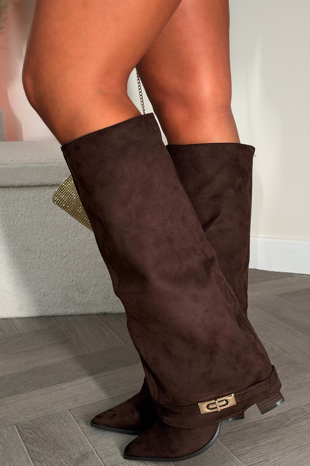 brown knee high cowboy boots with side zip and gold buckle 