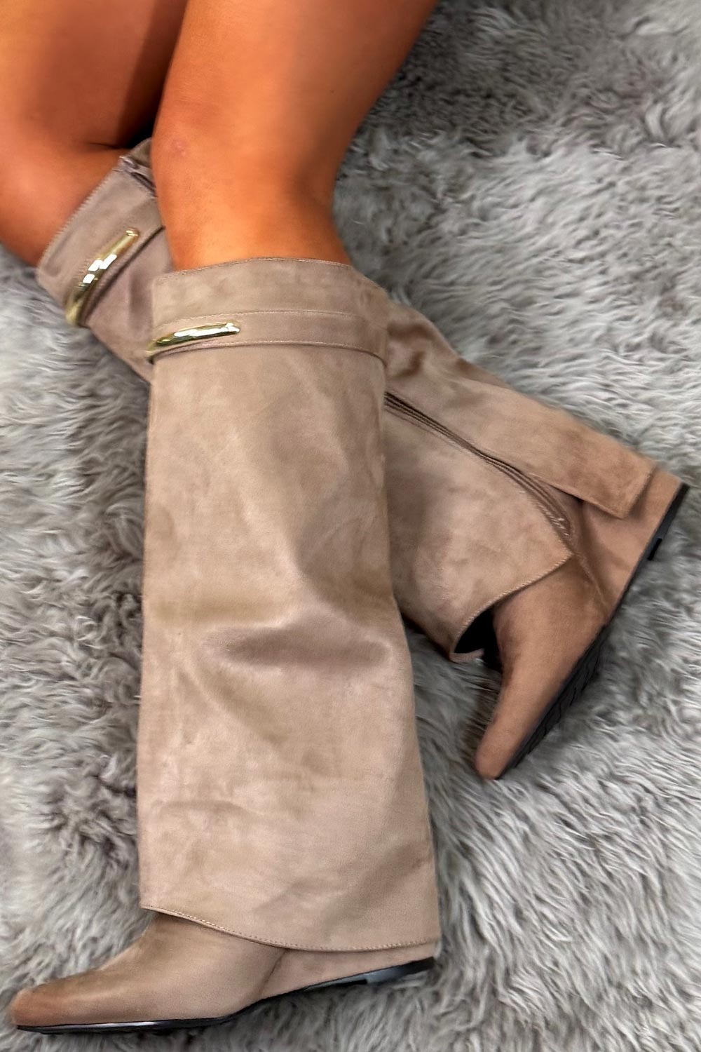 knee high cowboy boots with side zip and gold buckle 