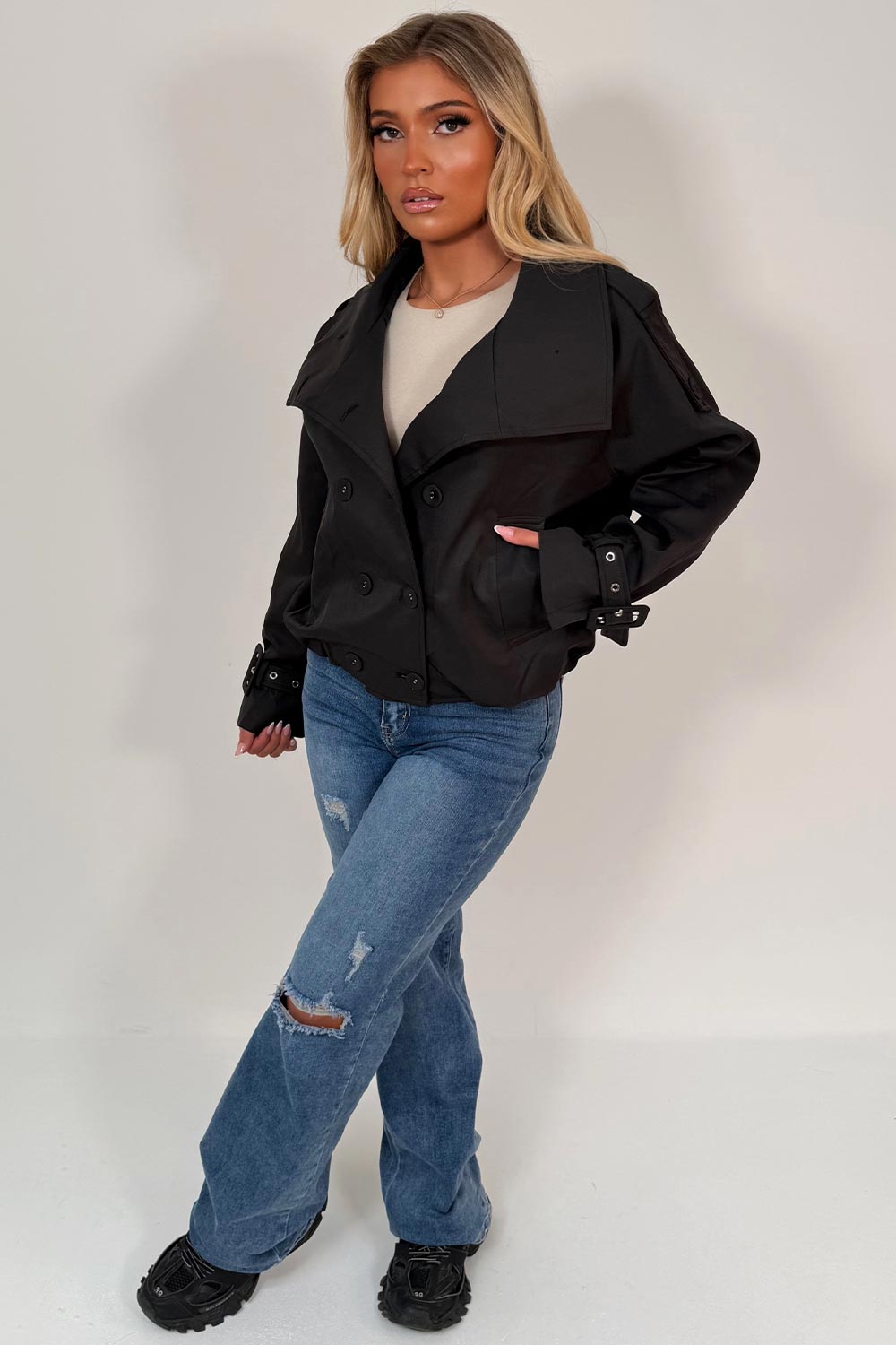 funnel neck crop trench jacket styledup uk