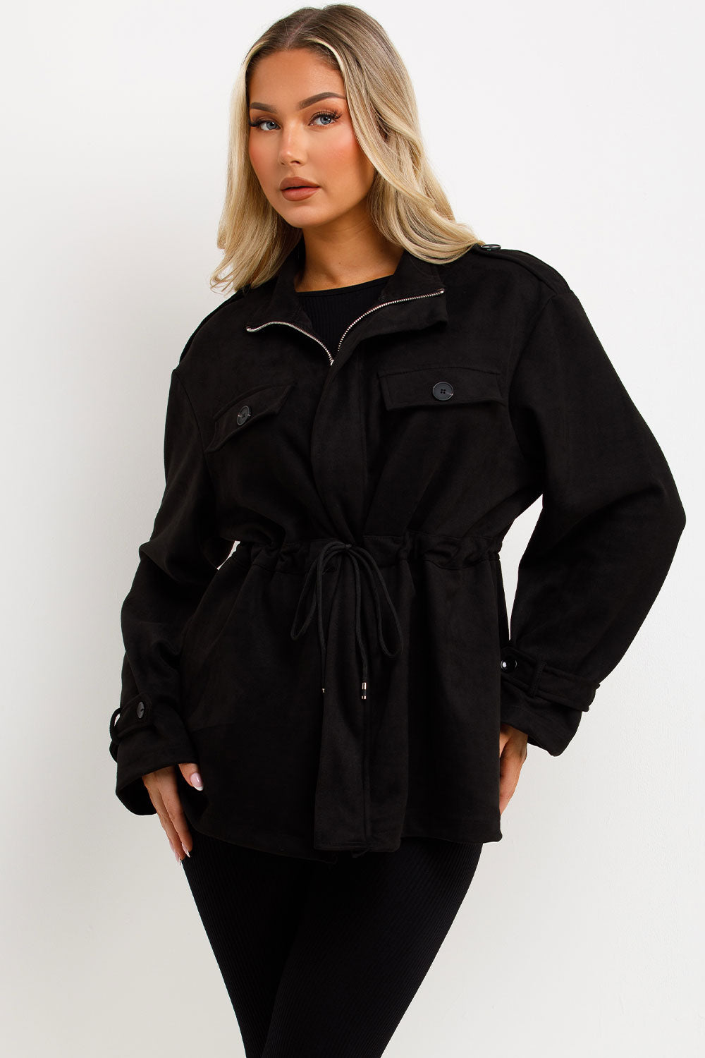 womens faux suede jacket with drawstring waist zara womens