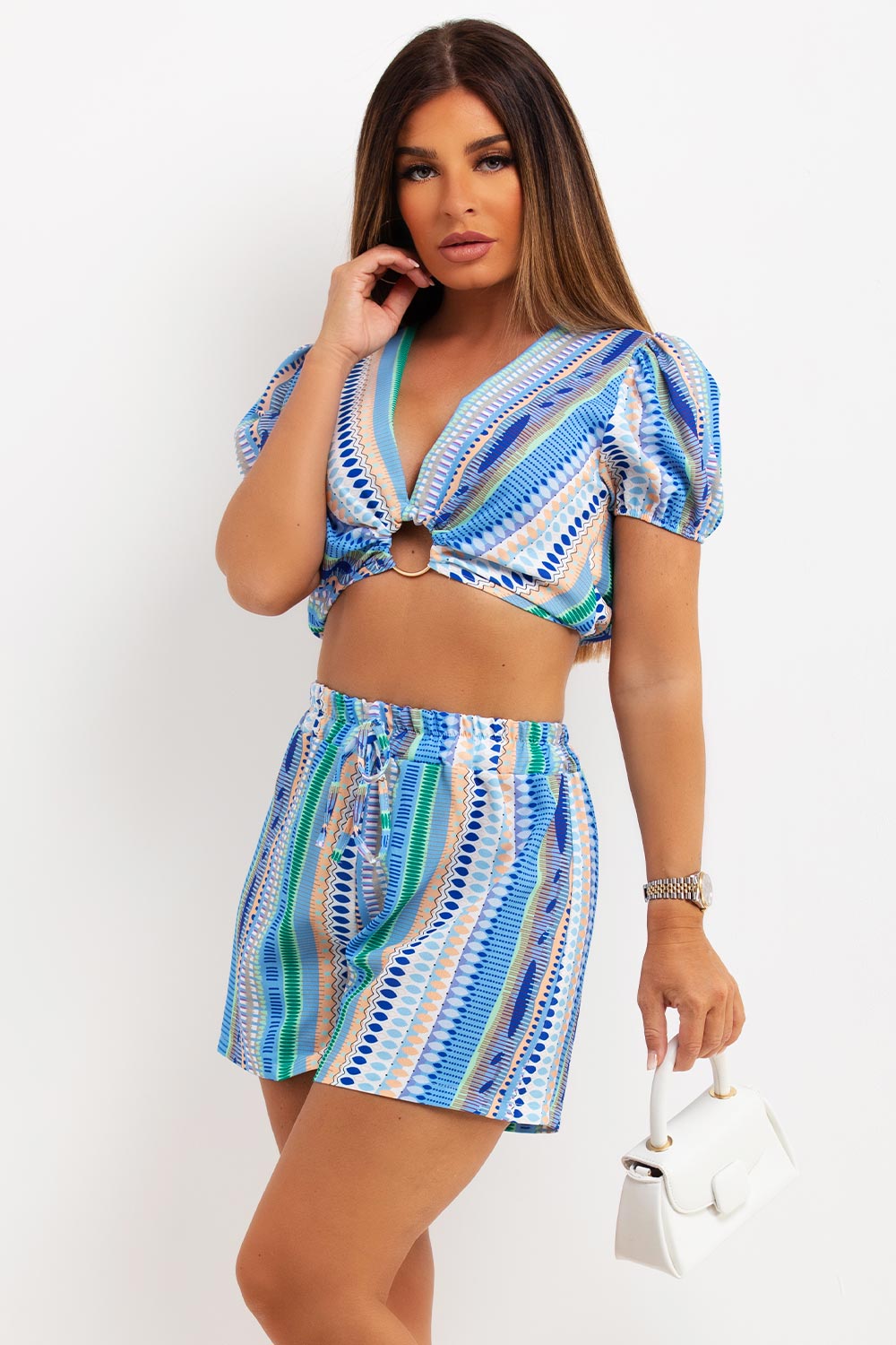 ring detail crop top with puff sleeves and shorts set tribal print summer holiday festival outfit