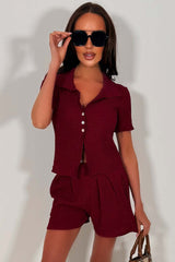 womens burgundy textured top and shorts summer holiday outfit styledup zara uk