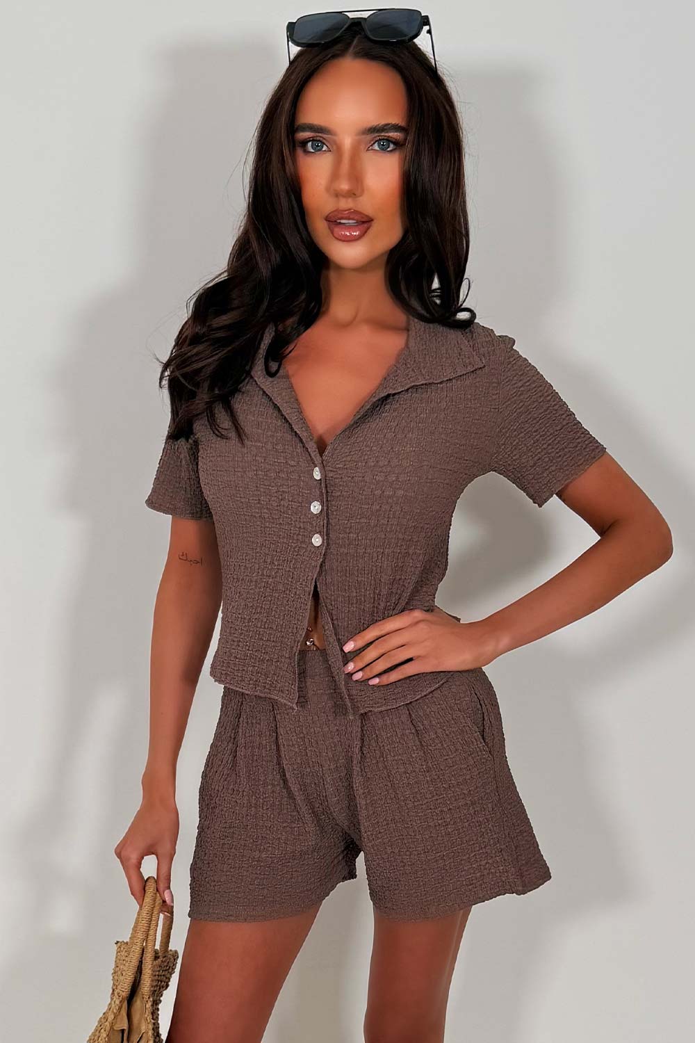 womens mocha textured top and shorts summer holiday outfit styledup zara uk