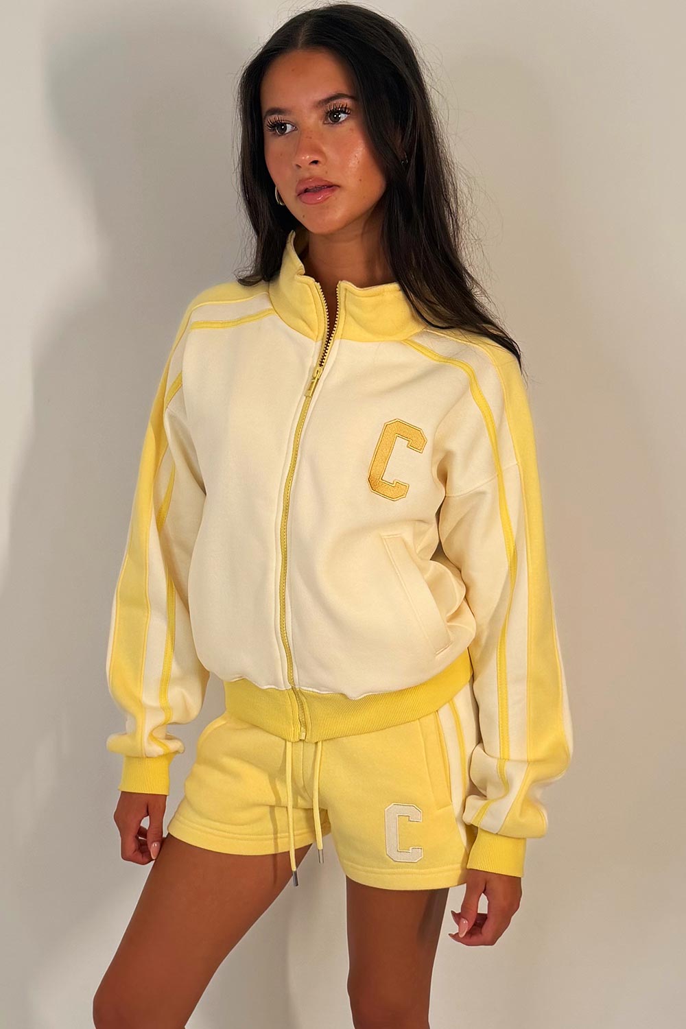 womens zip up shorts tracksuit lounge set airport outfit styledup