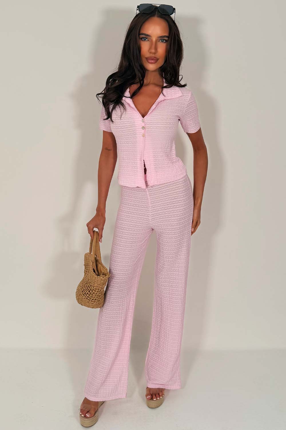 womens straight leg textured trousers and top two piece co ord set zara uk