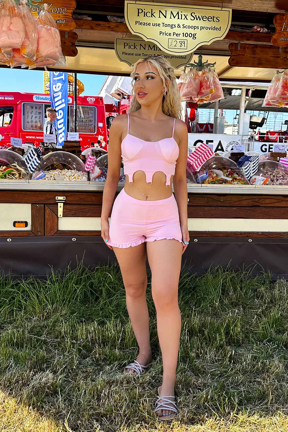 Suspender Detail Crop Top Shorts Set Baby Pink Festival Rave