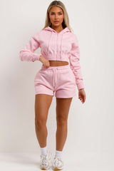 womens baby pink crop zip hoodie and shorts set summer loungewear