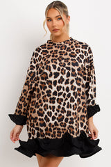 oversized leopard print sweatshirt dress with frill hem long sleeves