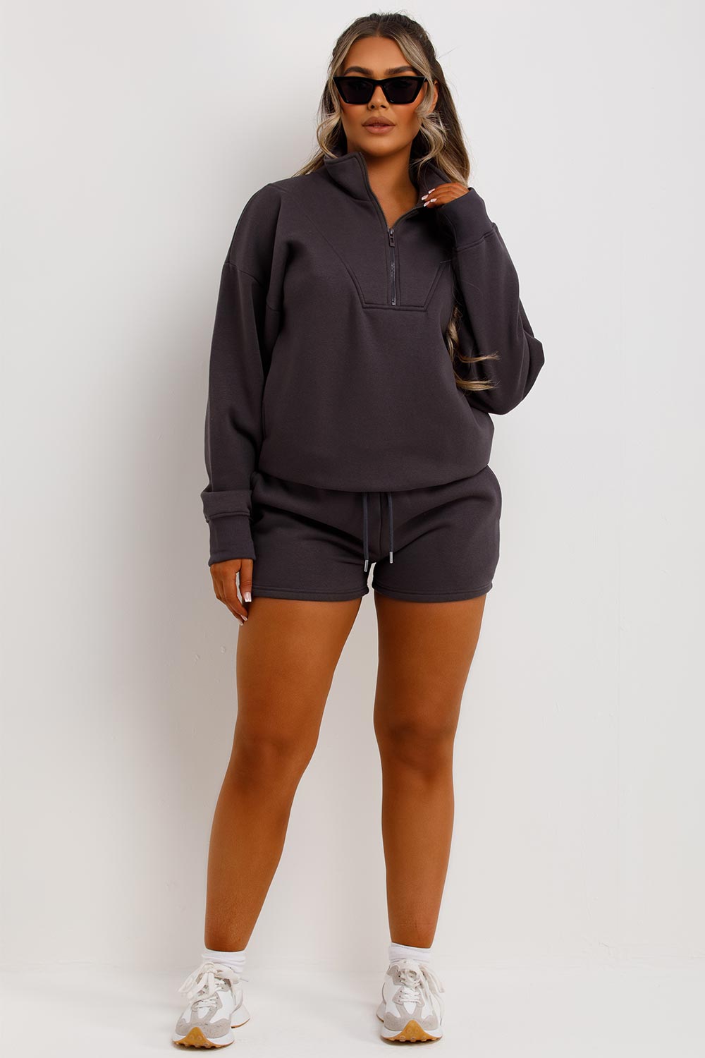 womens charcoal half zip sweatshirt and shorts tracksuit set