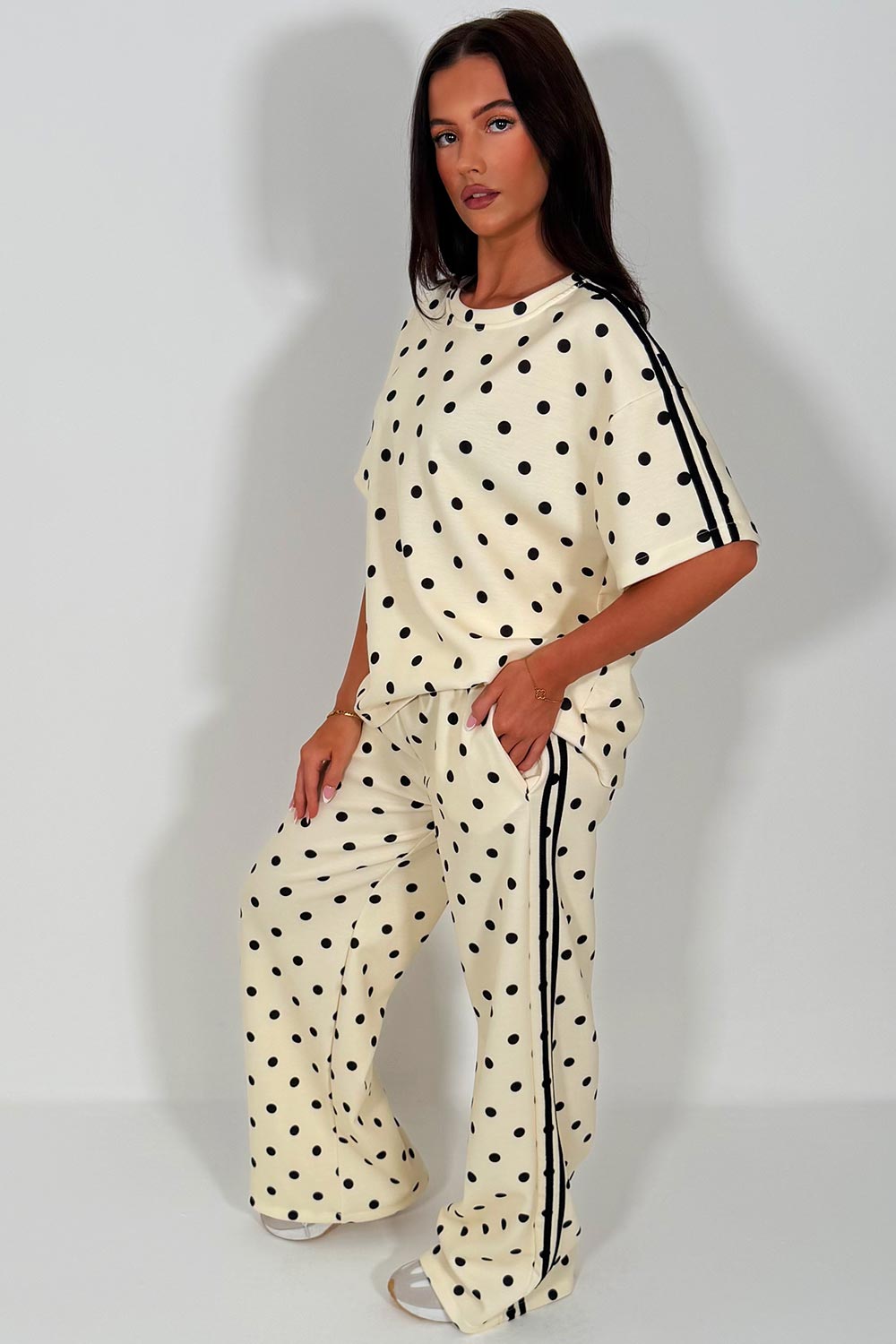 womens polka dot top and wide leg trousers with side stripe two piece co ord set airport outfit uk