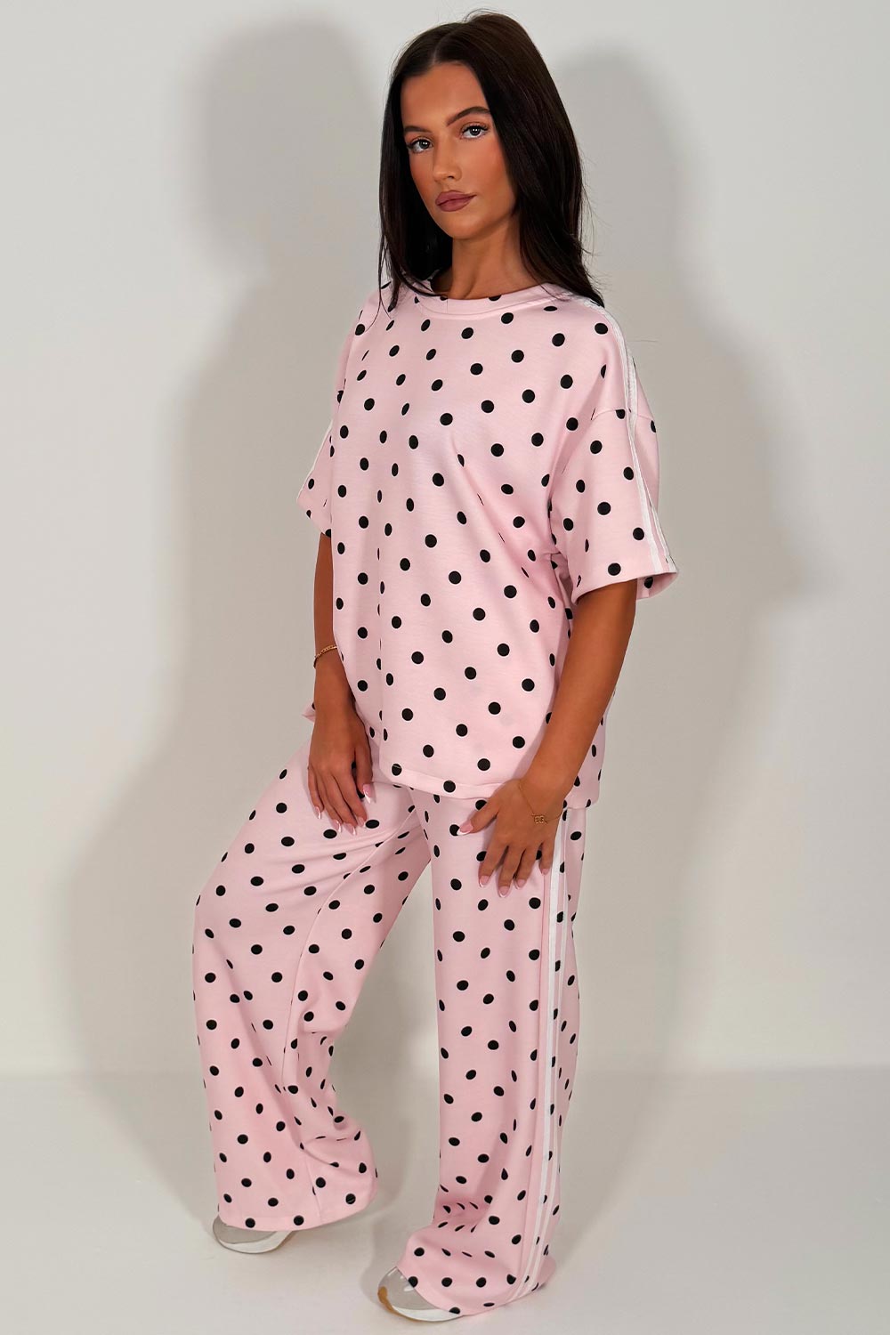 womens polka dot top and wide leg trousers with side stripe two piece co ord set airport outfit uk