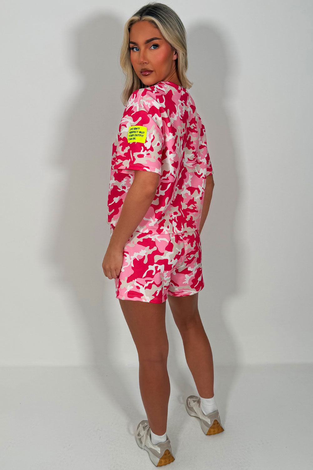 pink camouflage t shirt and shorts tracksuit summer lounge set airport outfit hidden cult uk styledup 
