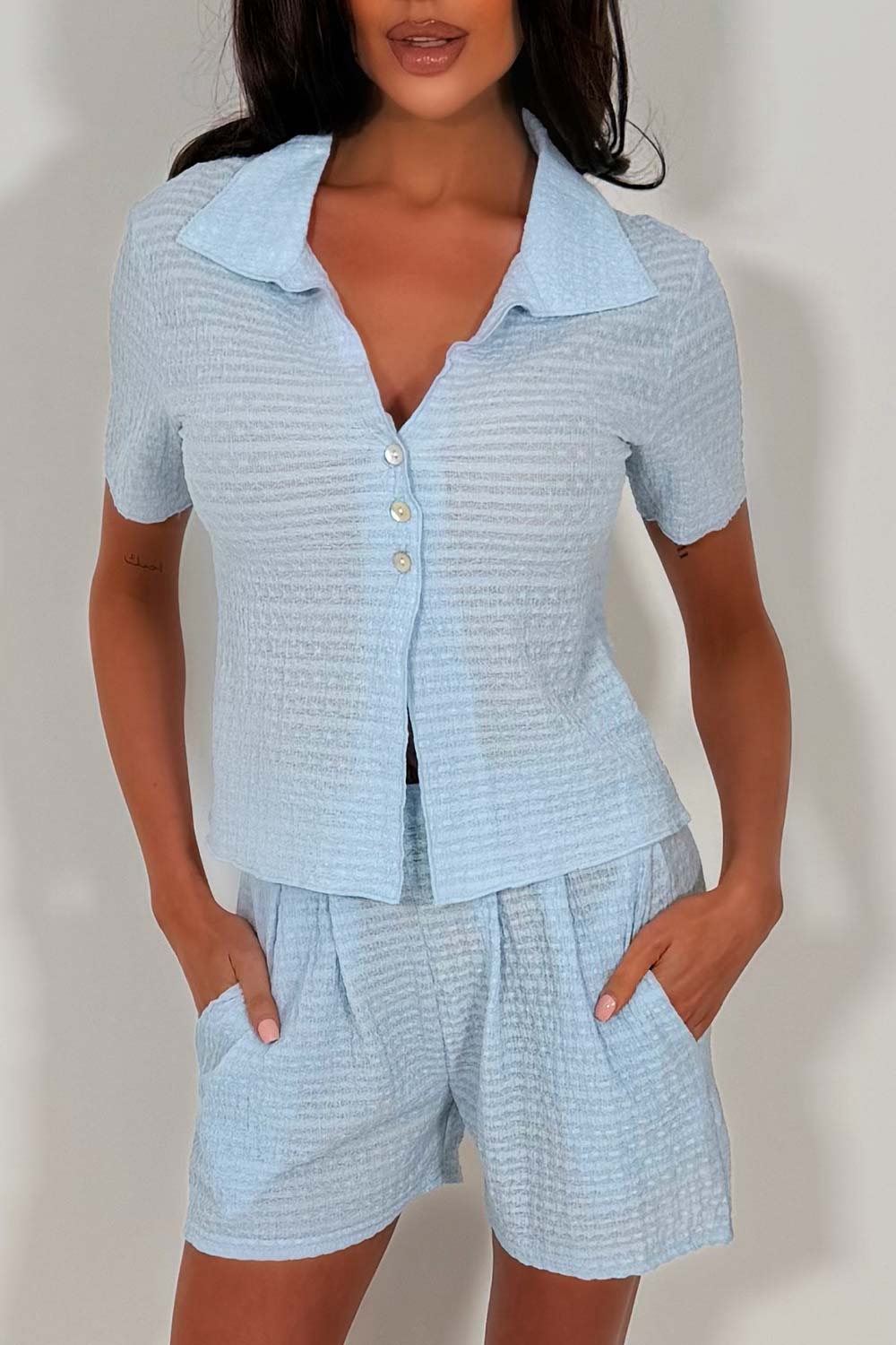 womens sky blue textured top and shorts summer holiday outfit styledup zara uk