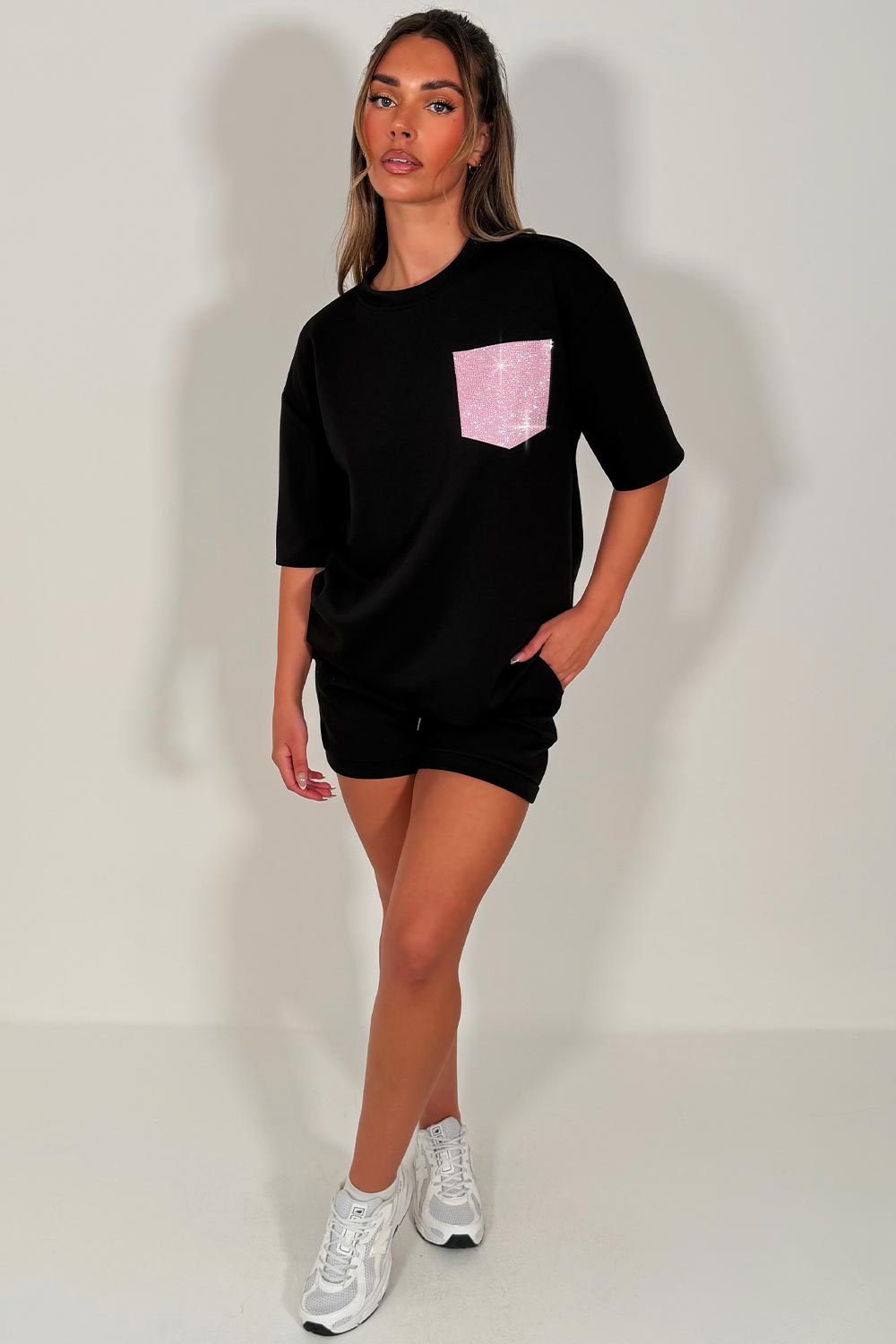 black diamante rhinestone contrast pocket top and shorts two piece set styledup uk 