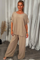 womens gold button oversized top and trousers two piece co ord set christmas party outfit