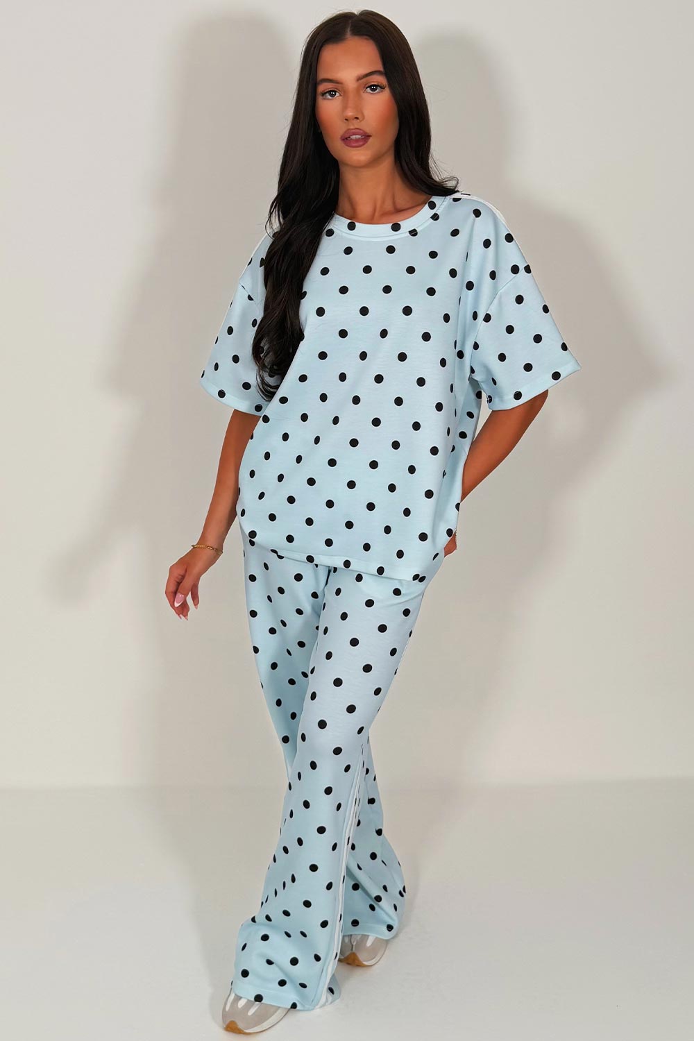 womens polka dot trousers and top co ord lounge set airport outfit adidas uk sale styledup