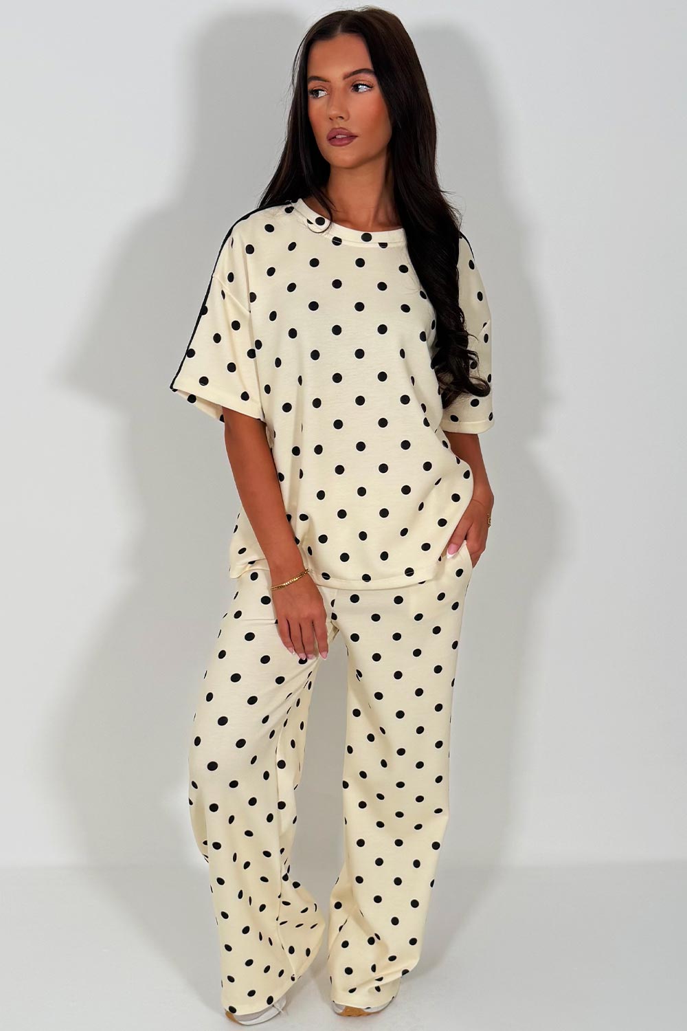 womens polka dot trousers and top co ord lounge set airport outfit adidas uk sale styledup