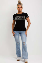 womens black t shirt with diamante sparkly co co slogan