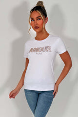womens rhinestone diamante amour embellishment t shirt white styledup fashion