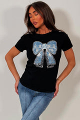 womens black t shirt with diamante rhinestone embellishment 