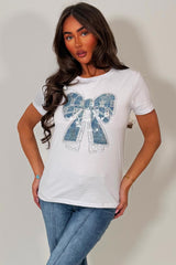 womens rhinestone diamante bow embellishment t shirt white