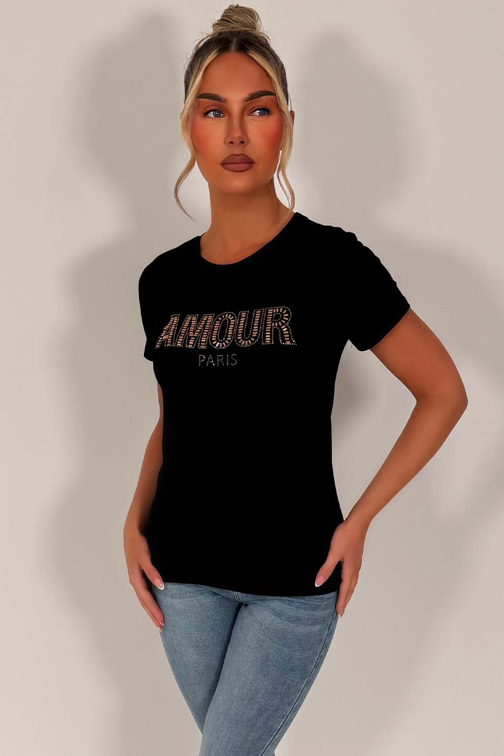 womens black t shirt with diamante rhinestone ammour embellishment styledup uk