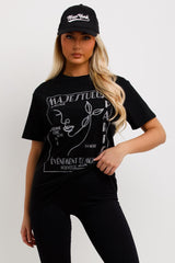 womens black t shirt with la mode graphics