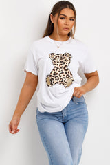 white t shirt with leopard print teddy bear print womens