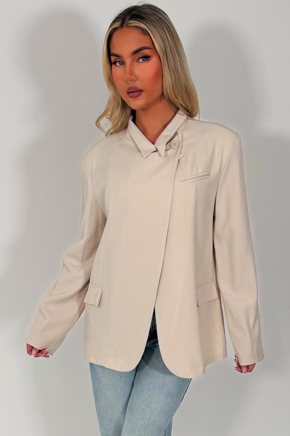 zara womens cross over blazer asymmetric tailored jacket beige styledup uk