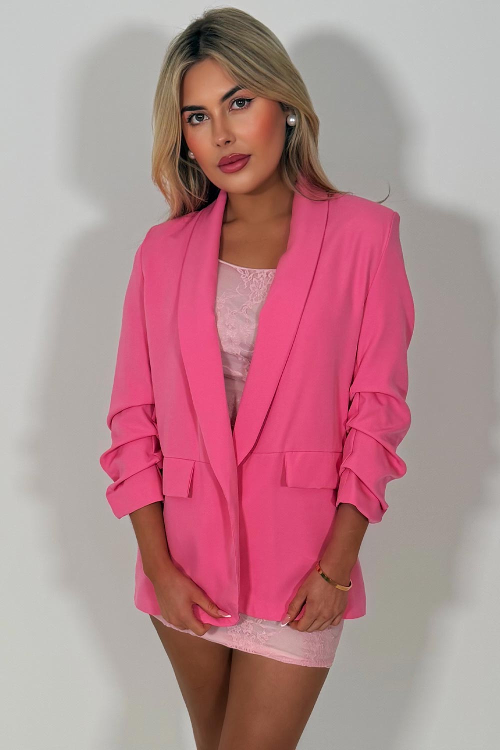 pink ruched sleeve blazer jacket for womens uk styledup 